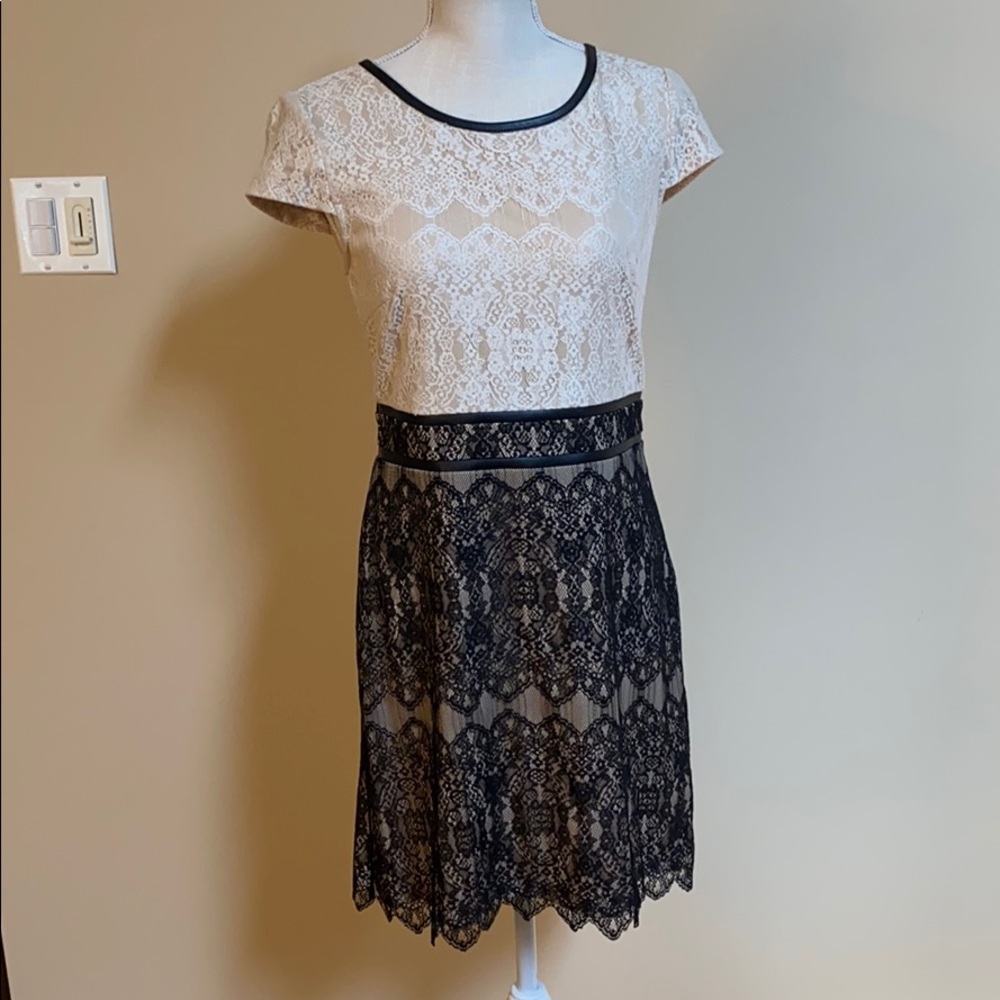 Cream and Black Lace Dress with Leather Trim